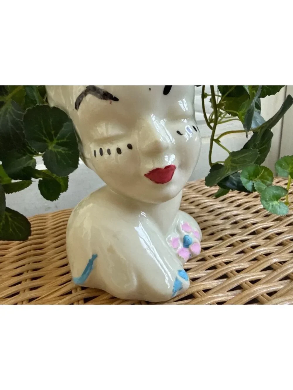 Vintage 1950s Glamour Girl Head Vase Planter With Ivy Faux Plant